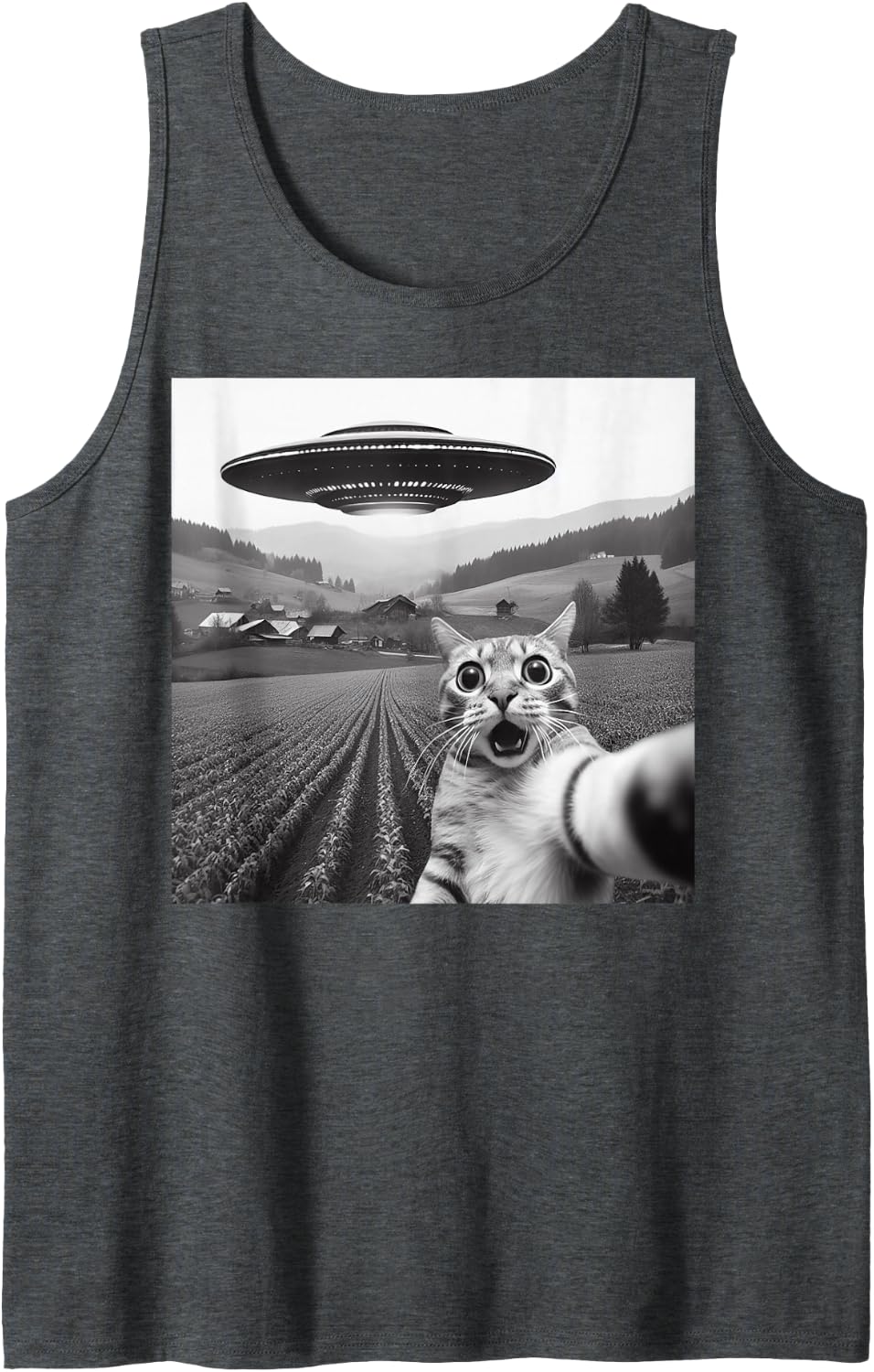 Cat Selfie With Alien UFO Funny Cat Gifts For Men Women Kid Tank Top - Dark Heather Grey