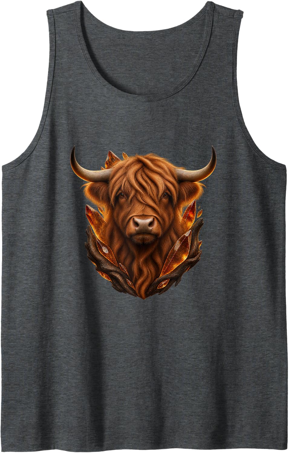 Highland Cow with Amber Resin Shards Farm Art Sleeveless Tank Top - Dark Heather Grey