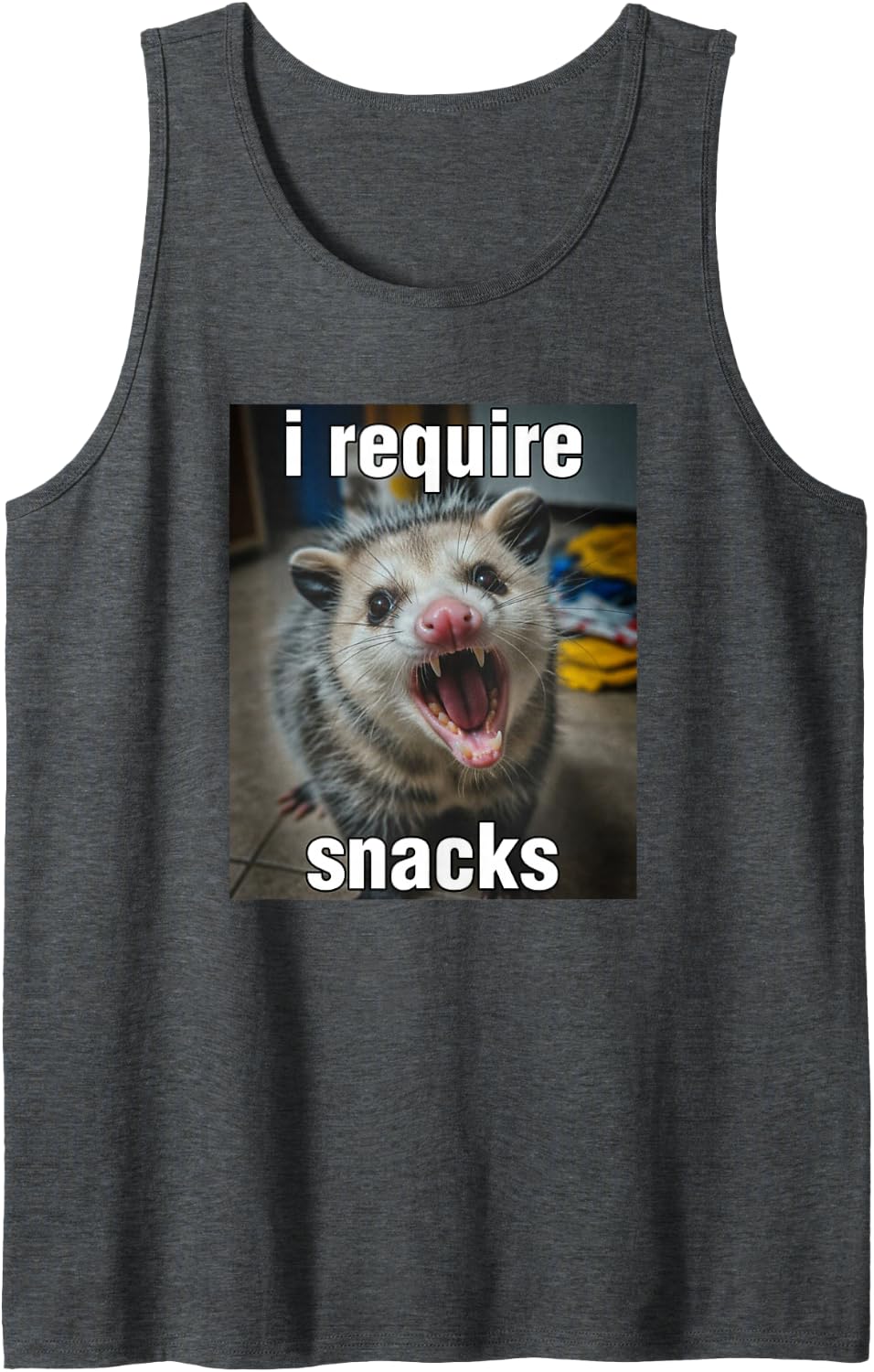 I Require Snacks Possum Meme Funny Opossum Meme Brainrot Sleeveless Tank Top - Dark Heather Grey