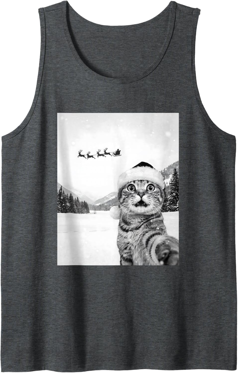 Cat Selfie with Santa Funny Christmas Cat Mom Cat Dad Xmas Sleeveless Tank Top - Dark Heather Grey