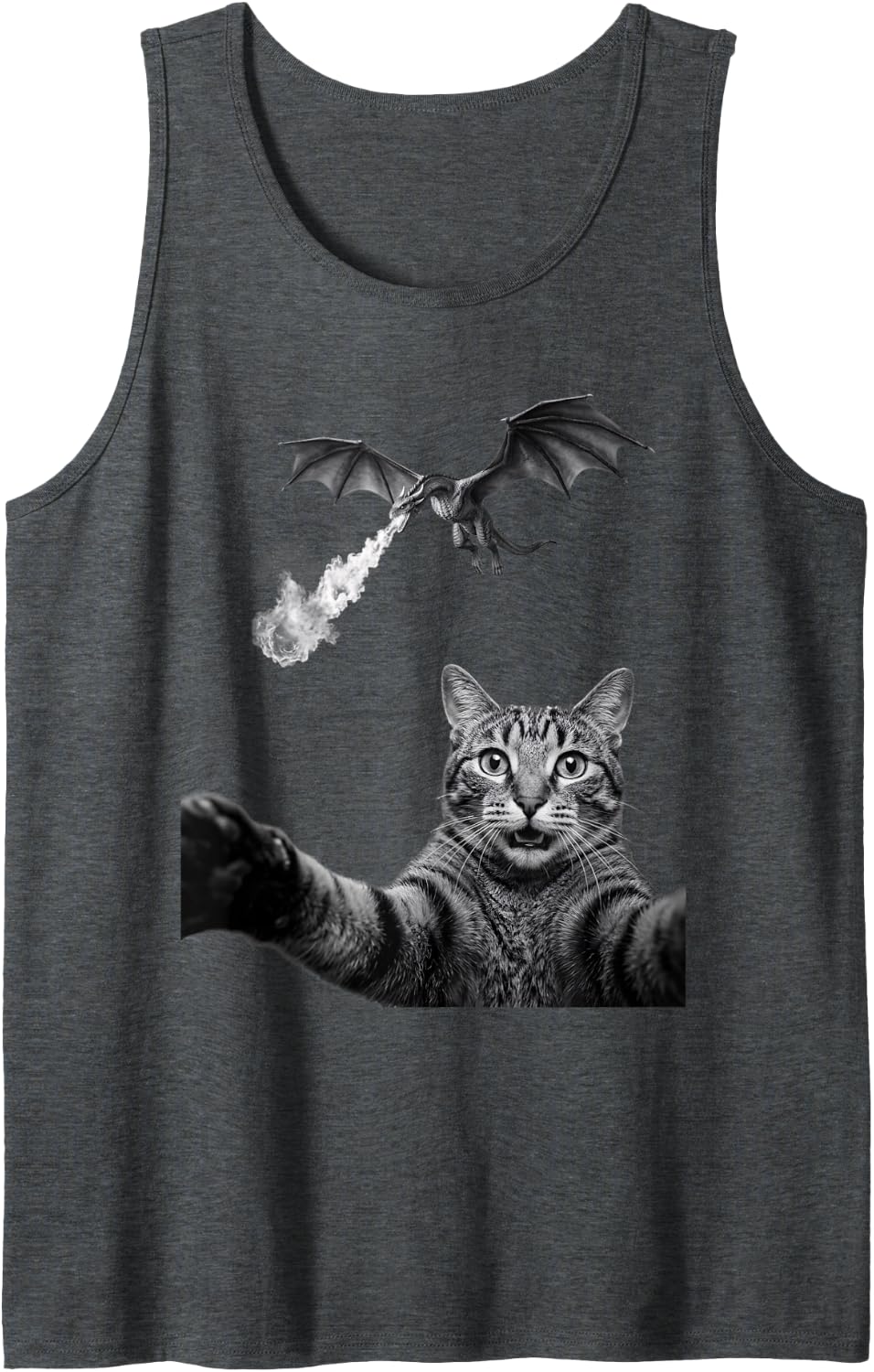 Funny Cat Taking Selfie with Fire Breathing Dragon Meme Sleeveless Tank Top - Dark Heather Grey