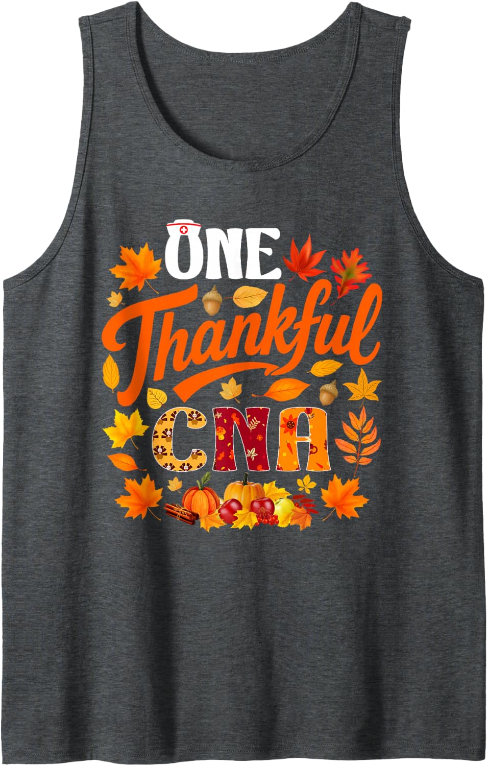 One Thankful CNA Funny Fall Autumn Thanksgiving Sleeveless Tank Top - Dark Heather Grey