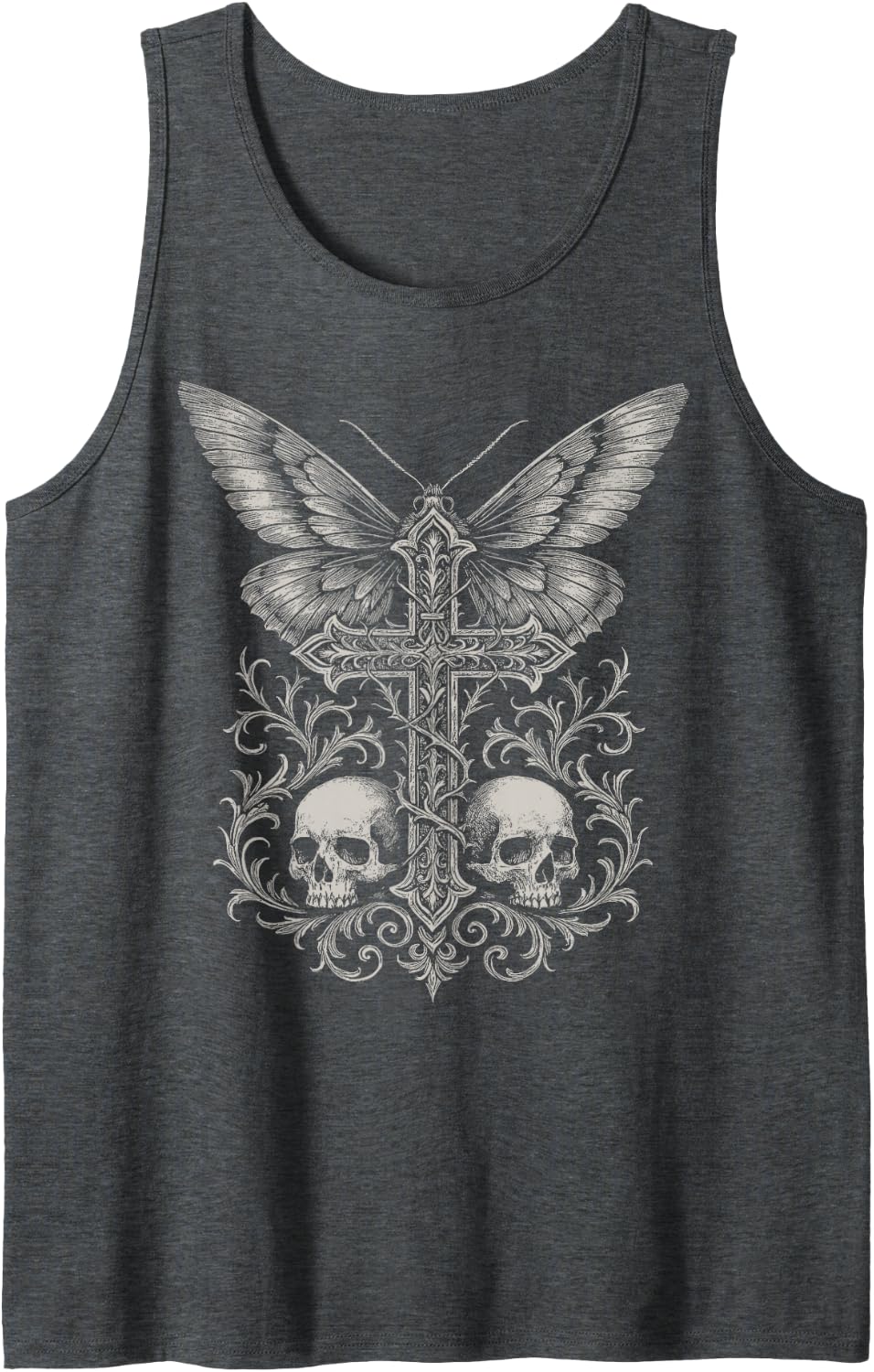 Y2K Grunge Aesthetic Alt Goth Skull Cross Gothic Brown Tank Top - Dark Heather Grey