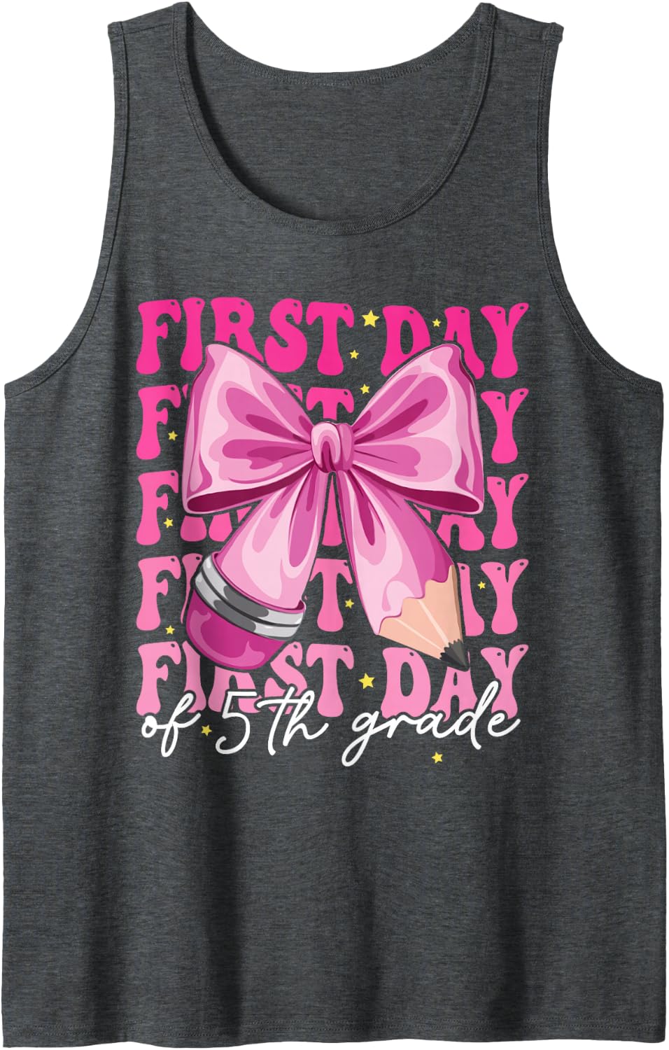 First Day of 5th Grade Girls Coquette Bow Back to School Sleeveless Tank Top - Dark Heather Grey