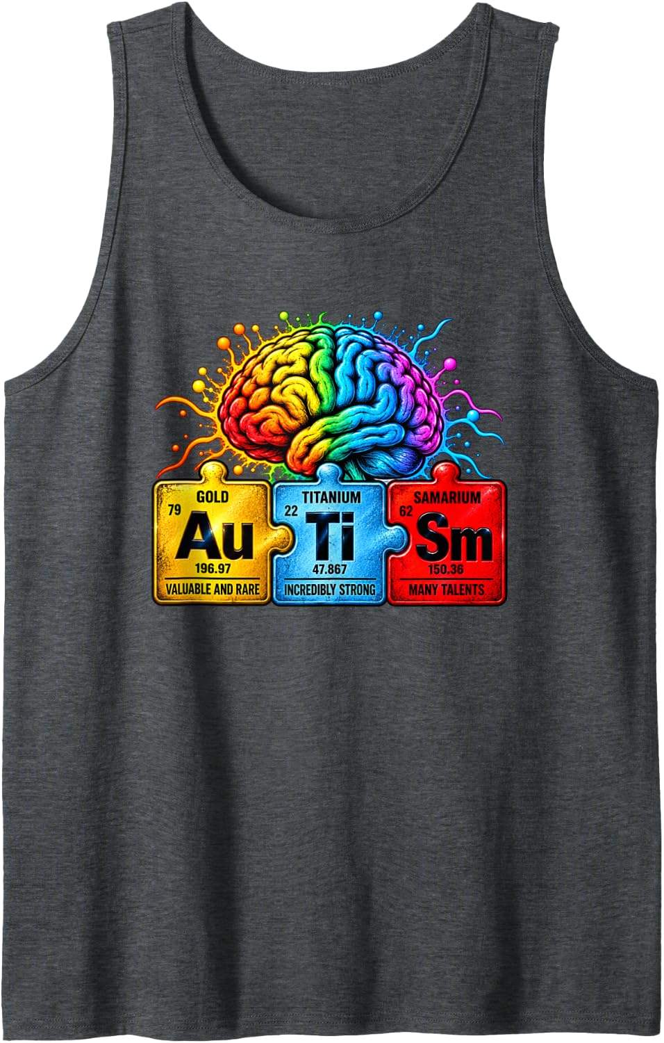 Men's Neurodiversity Rainbow Brain Autism Puzzle Chemistry Sleeveless Tank Top - Dark Heather Grey