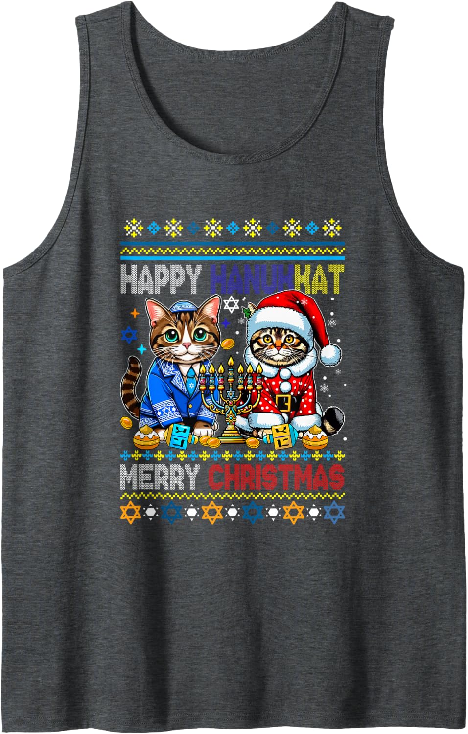 Happy Hanukkat Merry Christmas Hanukkah Sweater Santa Cats Sleeveless Tank Top - Dark Heather Grey