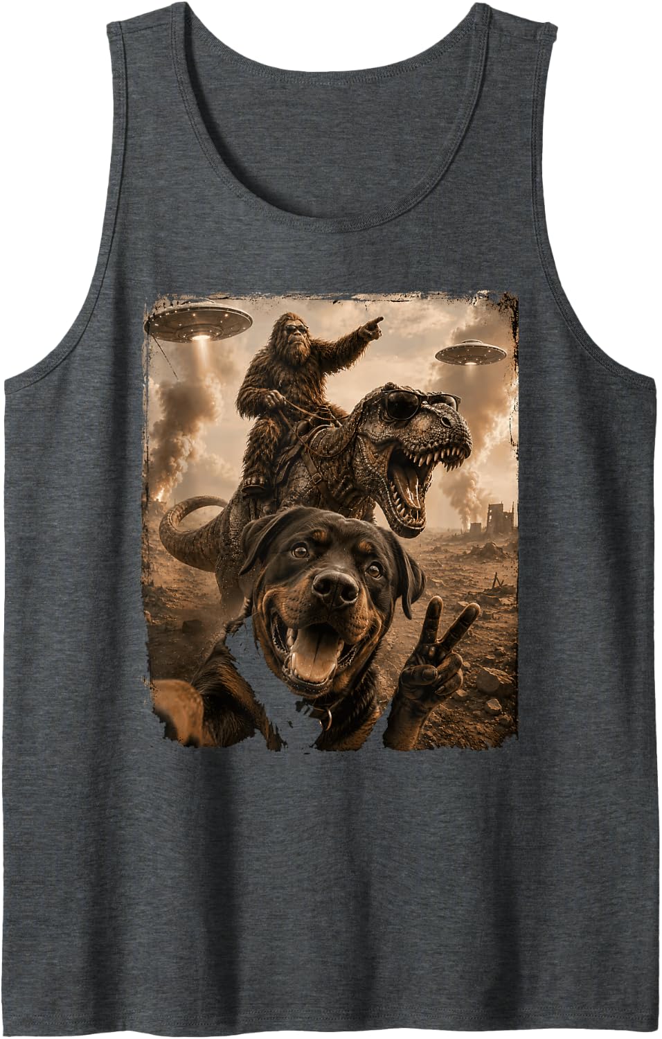 Rottweiler Selfie Bigfoot T Rex UFO Funny Humor Sleeveless Tank Top - Dark Heather Grey