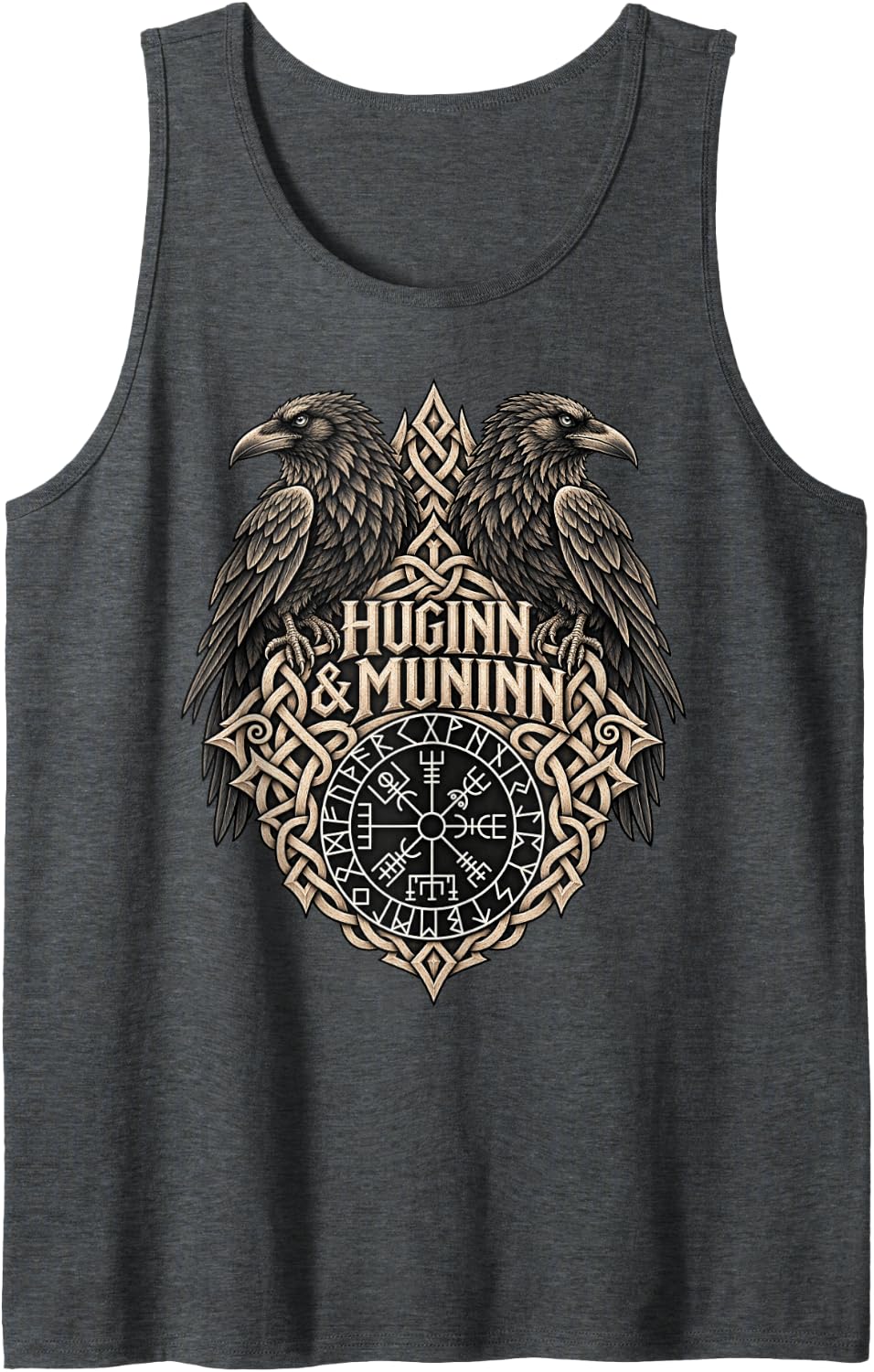 Huginn Muninn Ravens Vegvisir Rustic Norse Viking Compass Sleeveless Tank Top - Dark Heather Grey