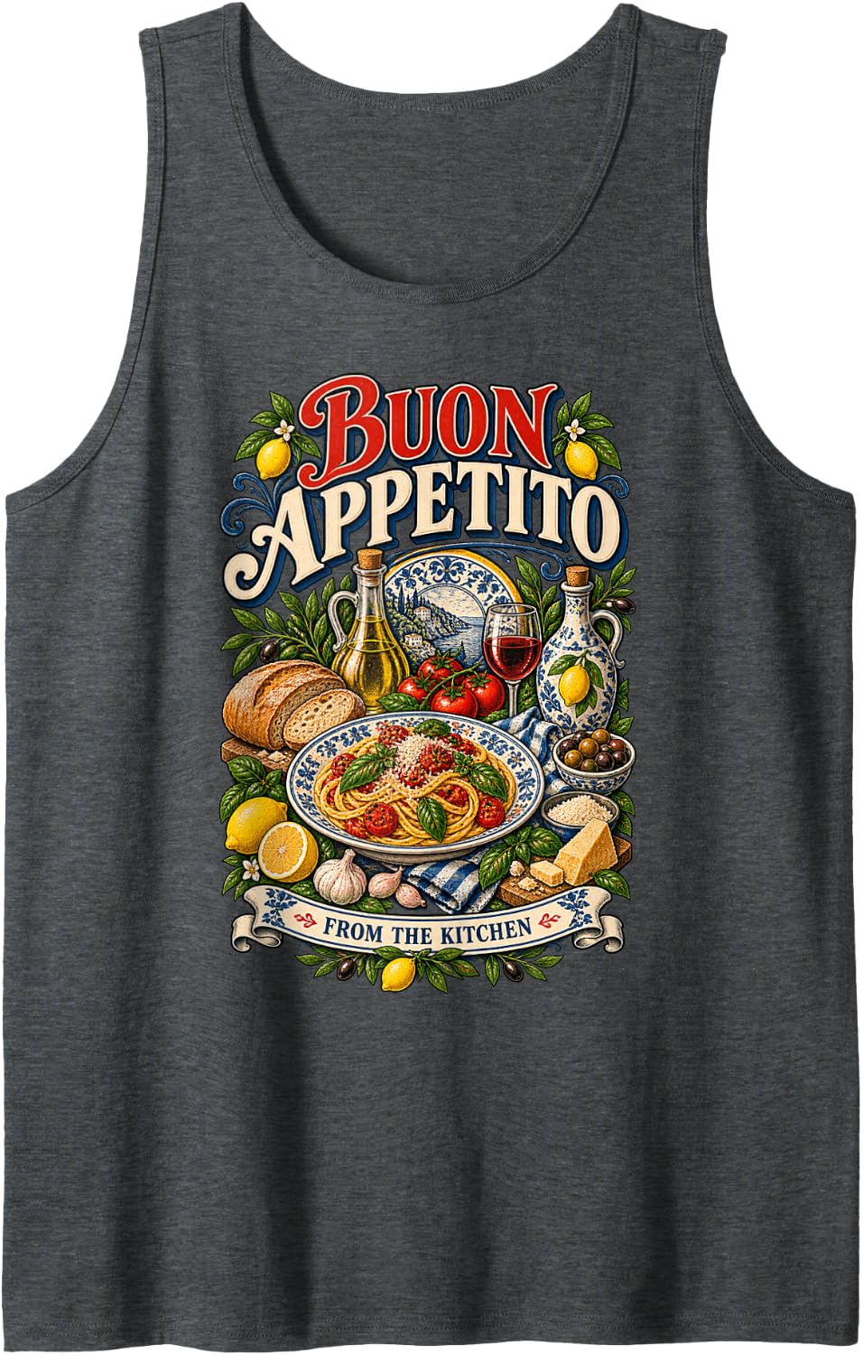 BUON APPETITO Italian Culinary Food Lover Kitchen Decor Tank Top - Dark Heather Grey