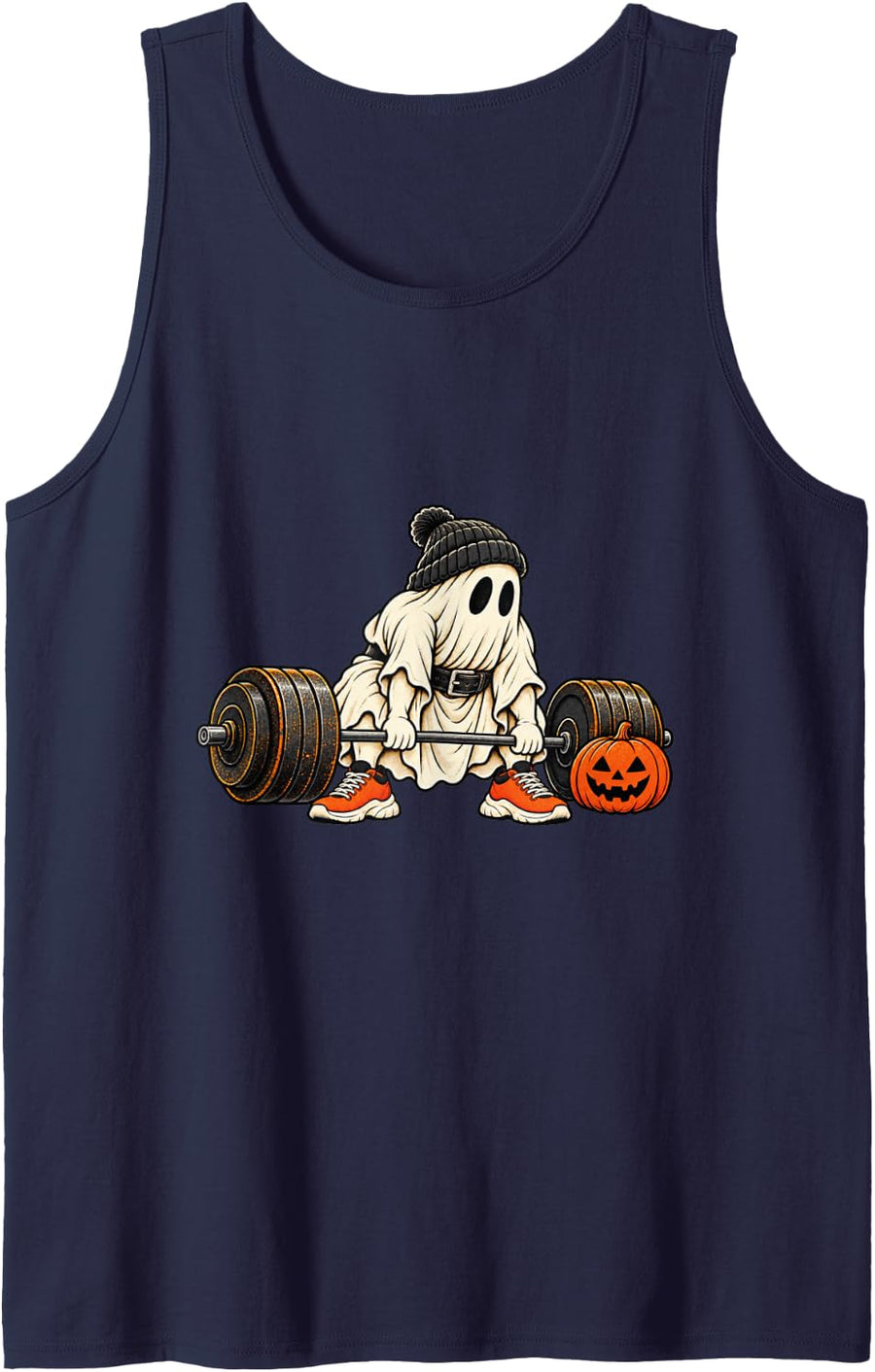 Funny Halloween Ghost Weightlifting Deadlift Gym Workout Sleeveless Tank Top - Navy Blue