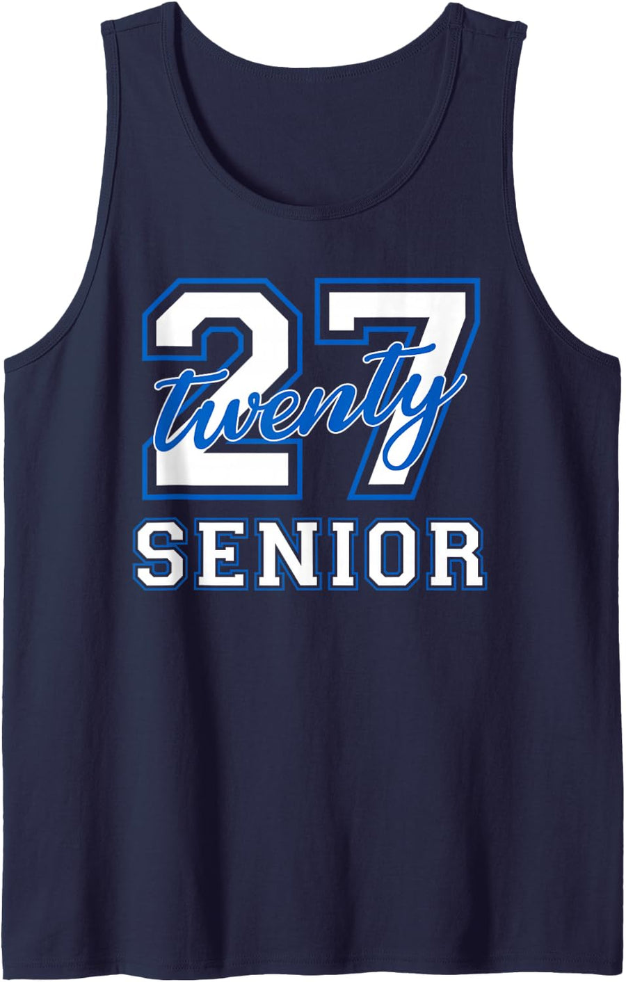 Senior Class of 2027 Graduation Varsity White Blue Letters Sleeveless Tank Top - Navy Blue