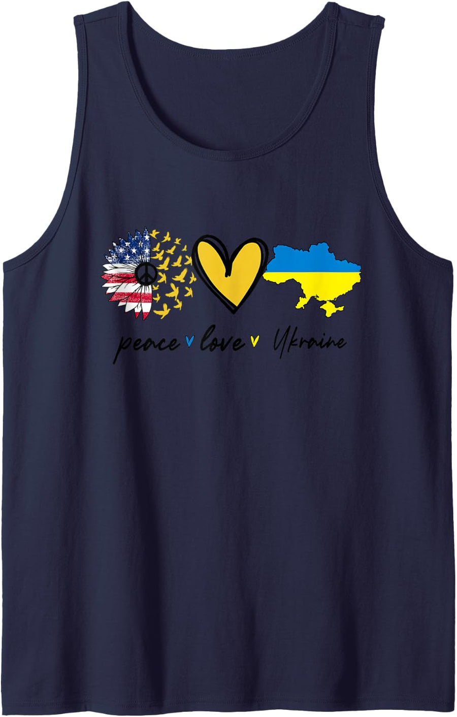 Peace Love Ukraine Sunflower USA Flag Stand with Ukrainian Sleeveless Tank Top - Navy Blue