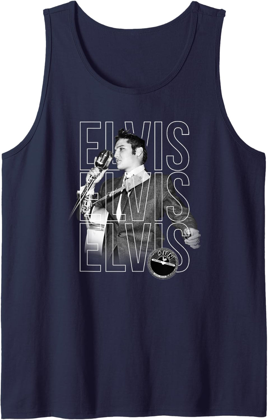Elvis Triple Logo Portrait King of Rock'n'Roll Music Tank Top - Navy Blue