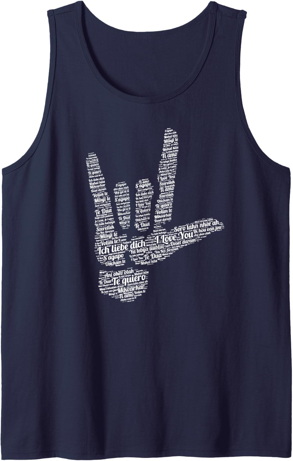 ASL Sign I Love You in 40 Different Languages ASL Sleeveless Tank Top - Navy Blue