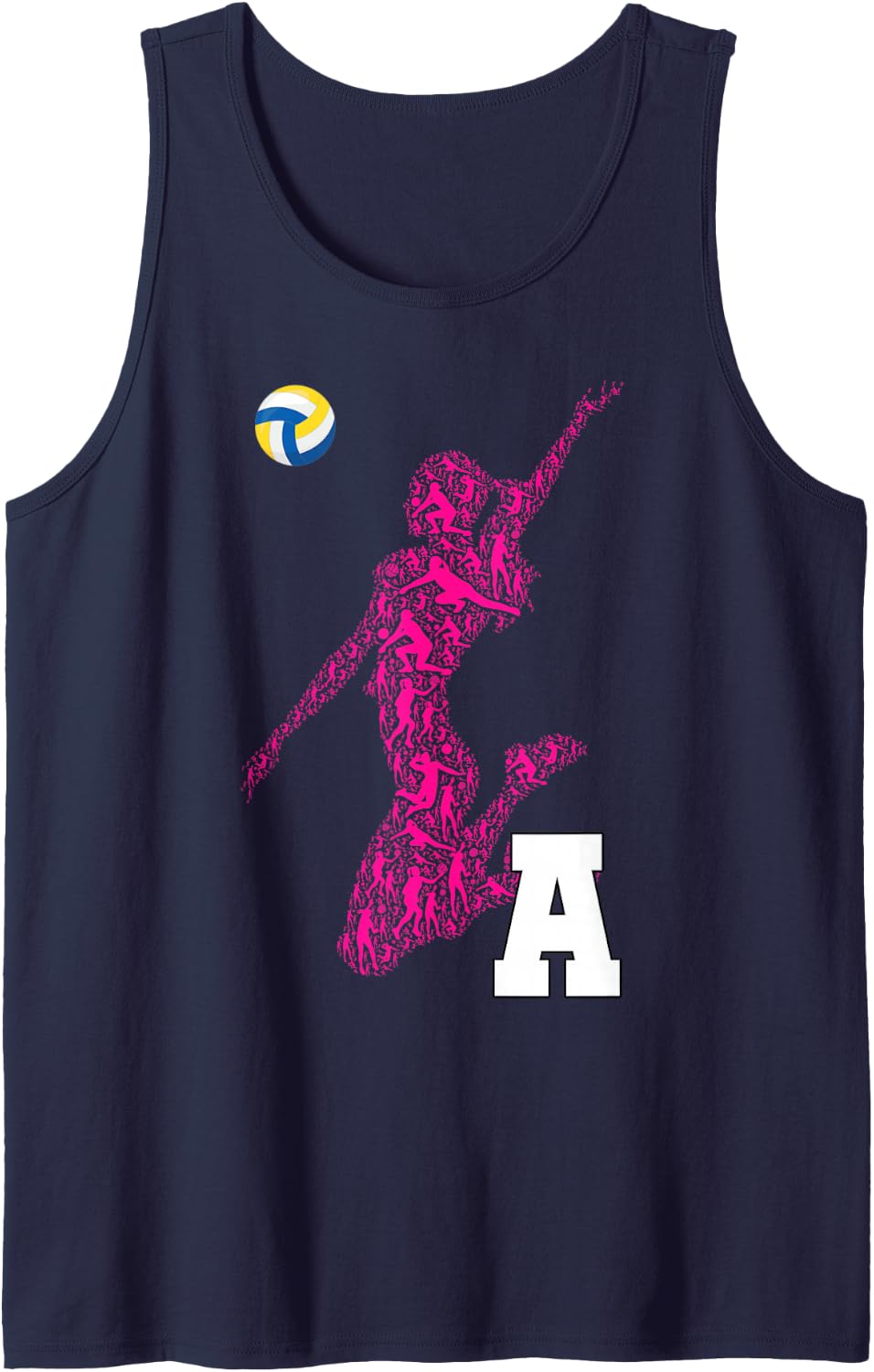 Womens Volleyball Letter A Initial Monogram - Pink Player Sleeveless Tank Top - Navy Blue