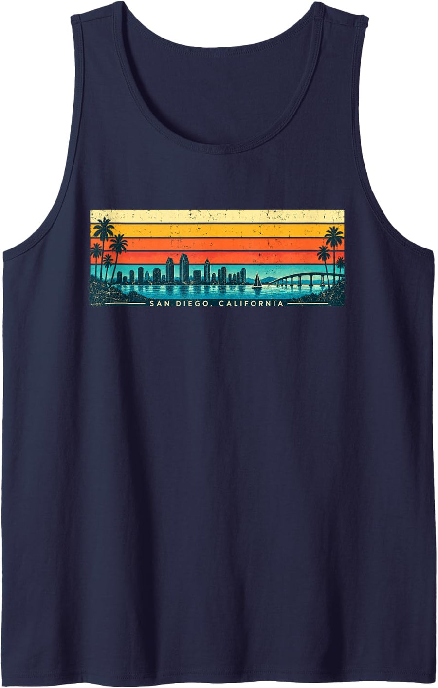 Men's San Diego California Sunset Coastal Vintage Skyline Sleeveless Tank Top - Navy Blue