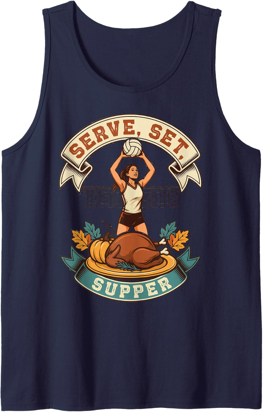 Thanksgiving Volleyball Player - Serve, Set, Supper Sleeveless Tank Top - Navy Blue