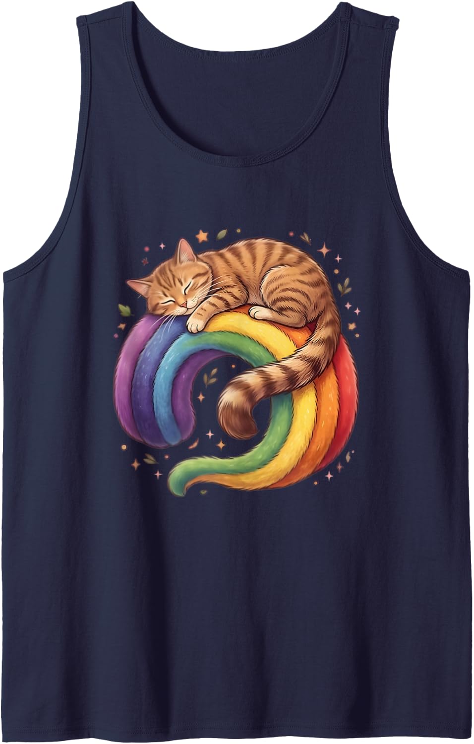 Tabby Cat Napping on a Rainbow Curled Up Kitten Art Tank Top - Navy Blue