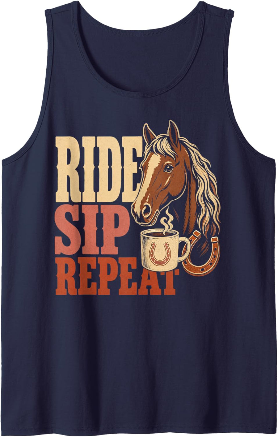 Ride Sip Repeat Equestrian Horse Lover Sleeveless Tank Top - Navy Blue