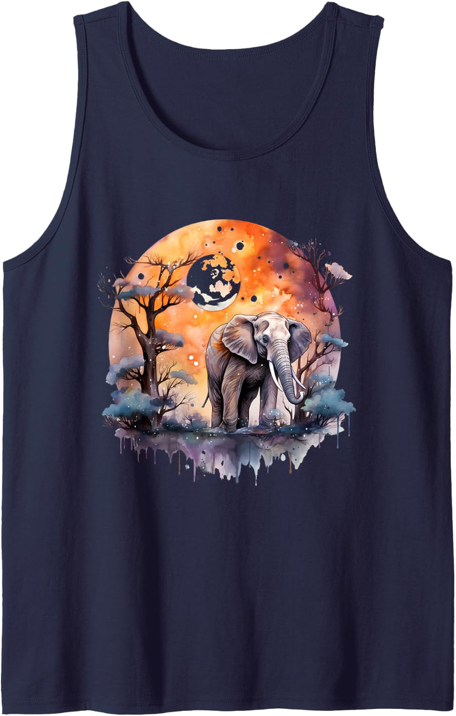 Elephant Moon Nature Tree Safari Motif Animal Art Artwork Sleeveless Tank Top - Navy Blue