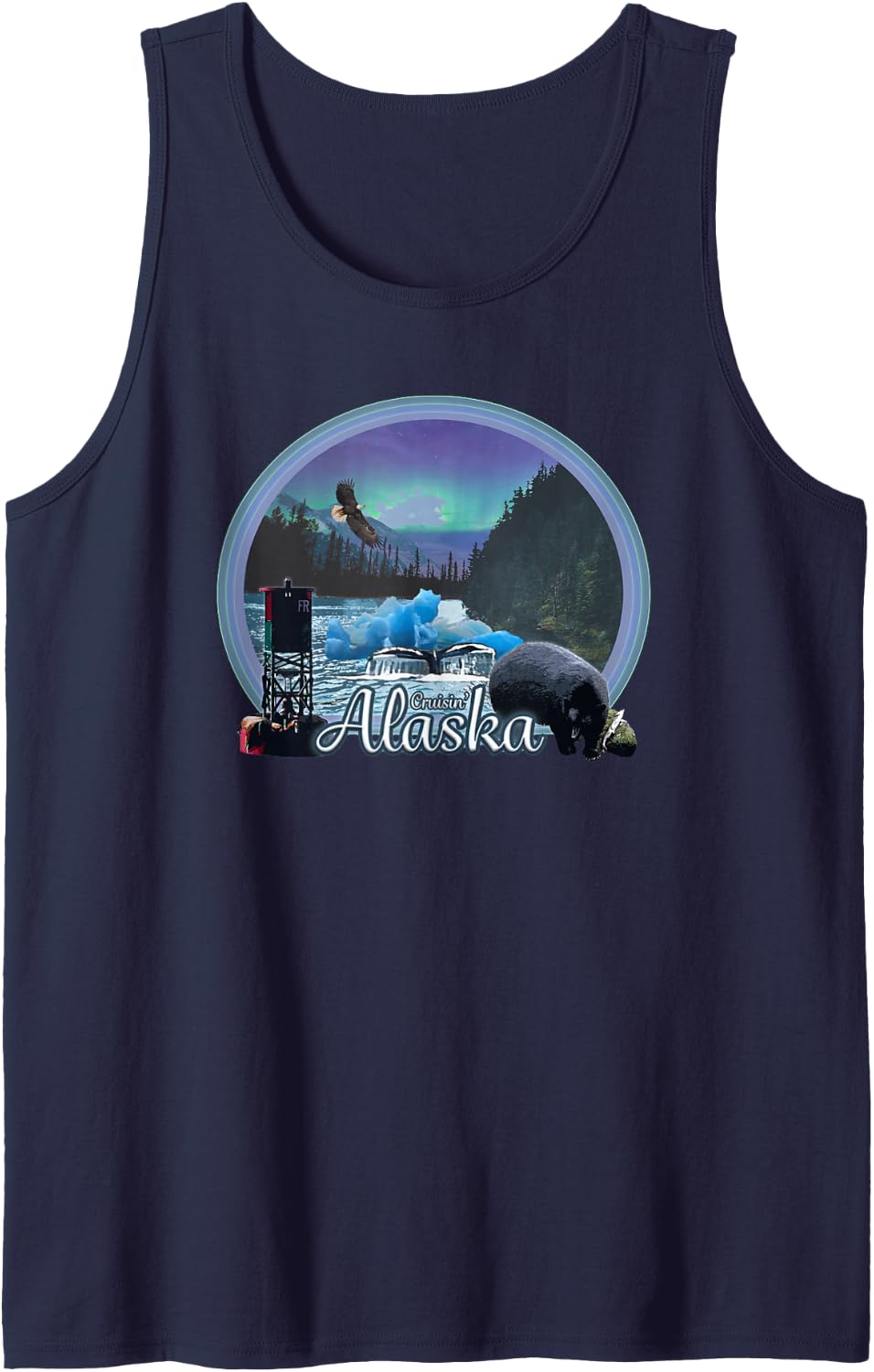 Cruisin Alaska Northern Lights Eagle Bear Glacier Sleeveless Tank Top - Navy Blue