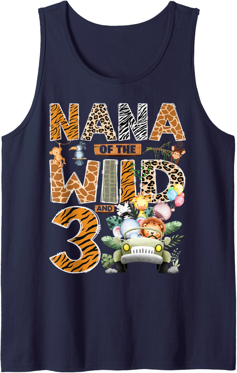 Nana of The Wild Three 3rd Birthday Boy Safari Jungle Sleeveless Tank Top - Navy Blue
