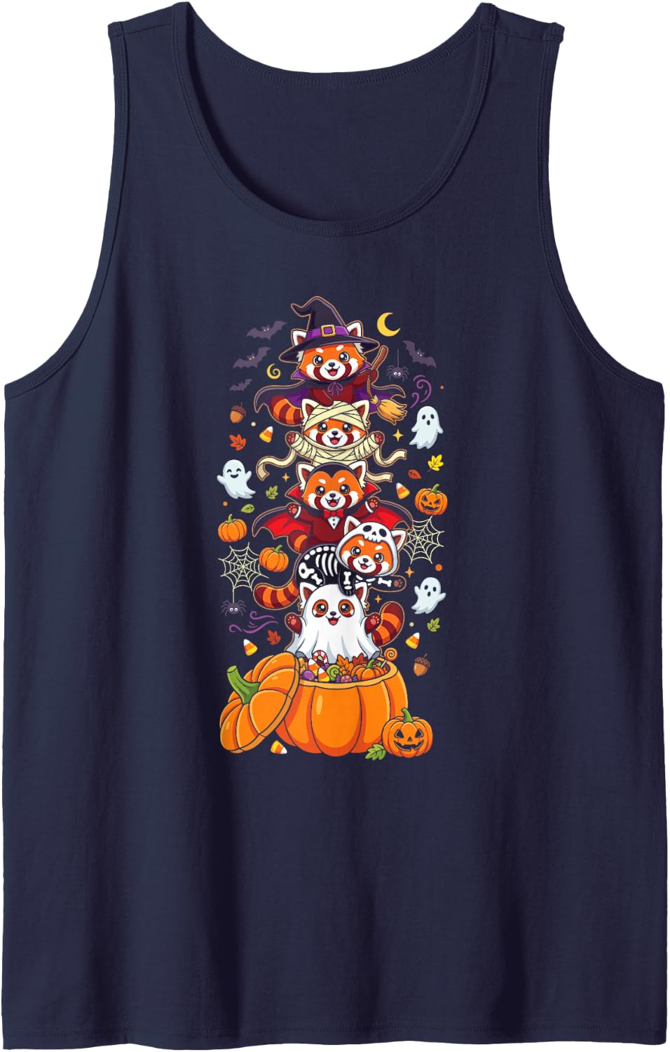 Red Panda Witch Vampire Ghost Halloween Kids Mens Womens Sleeveless Tank Top - Navy Blue