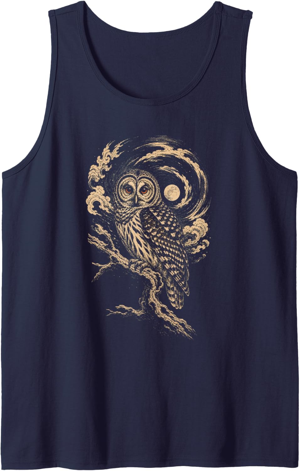 Bird Watching Owl Moon Woodblock Design Tank Top - Navy Blue