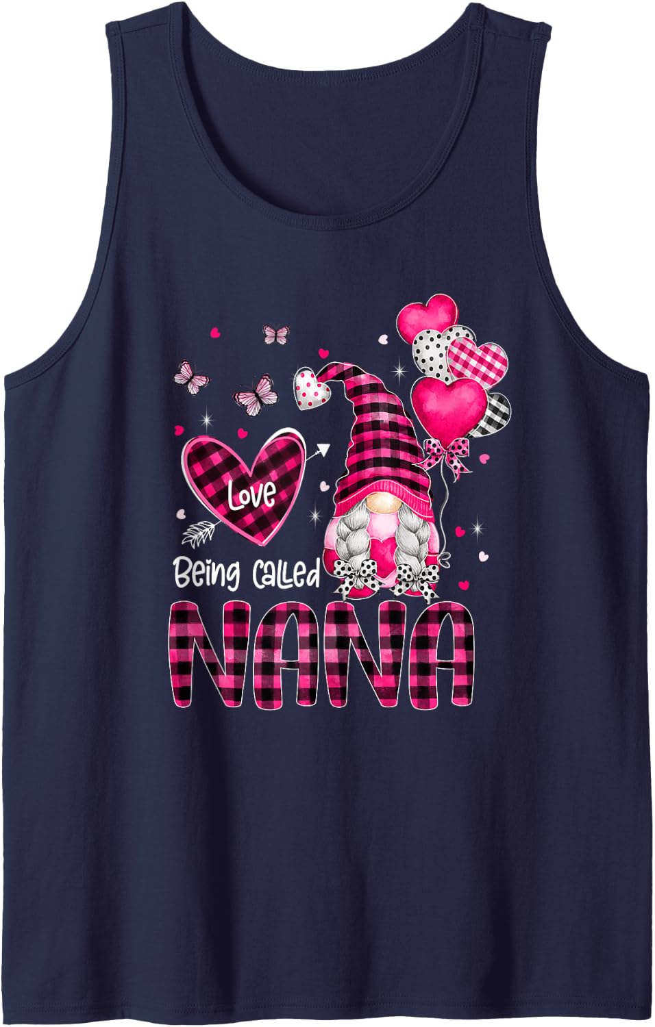 Plaid Love Being Called Nana Gnome Valentines Day Family Sleeveless Tank Top - Navy Blue