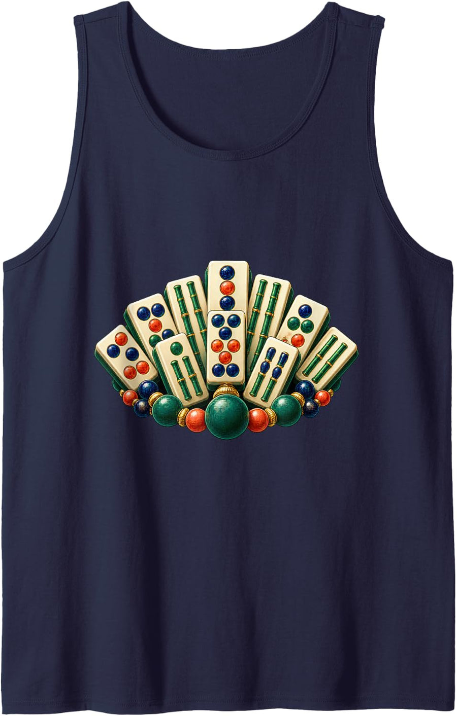 Classic Ivory Mahjong Tiles with Red Tassels and Jade Beads Sleeveless Tank Top - Navy Blue