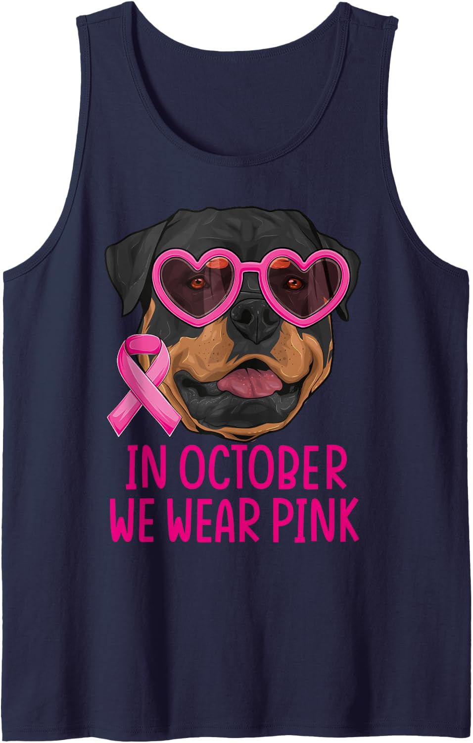 October We Wear Pink Rottweiler Dog Breast Cancer Awareness Sleeveless Tank Top - Navy Blue