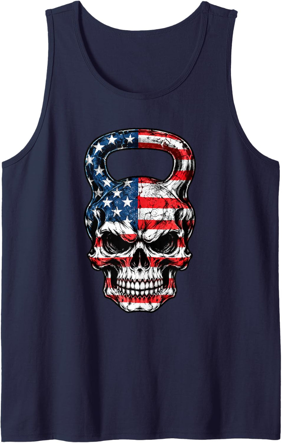 American Flag Skull Kettlebell Patriotic Weightlifting Sleeveless Tank Top - Navy Blue