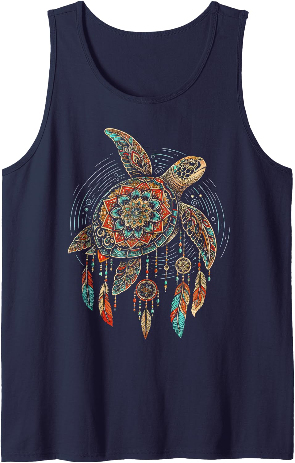 Dreamcatcher Native American Indian Tribal Arts Sea Turtle Sleeveless Tank Top - Navy Blue