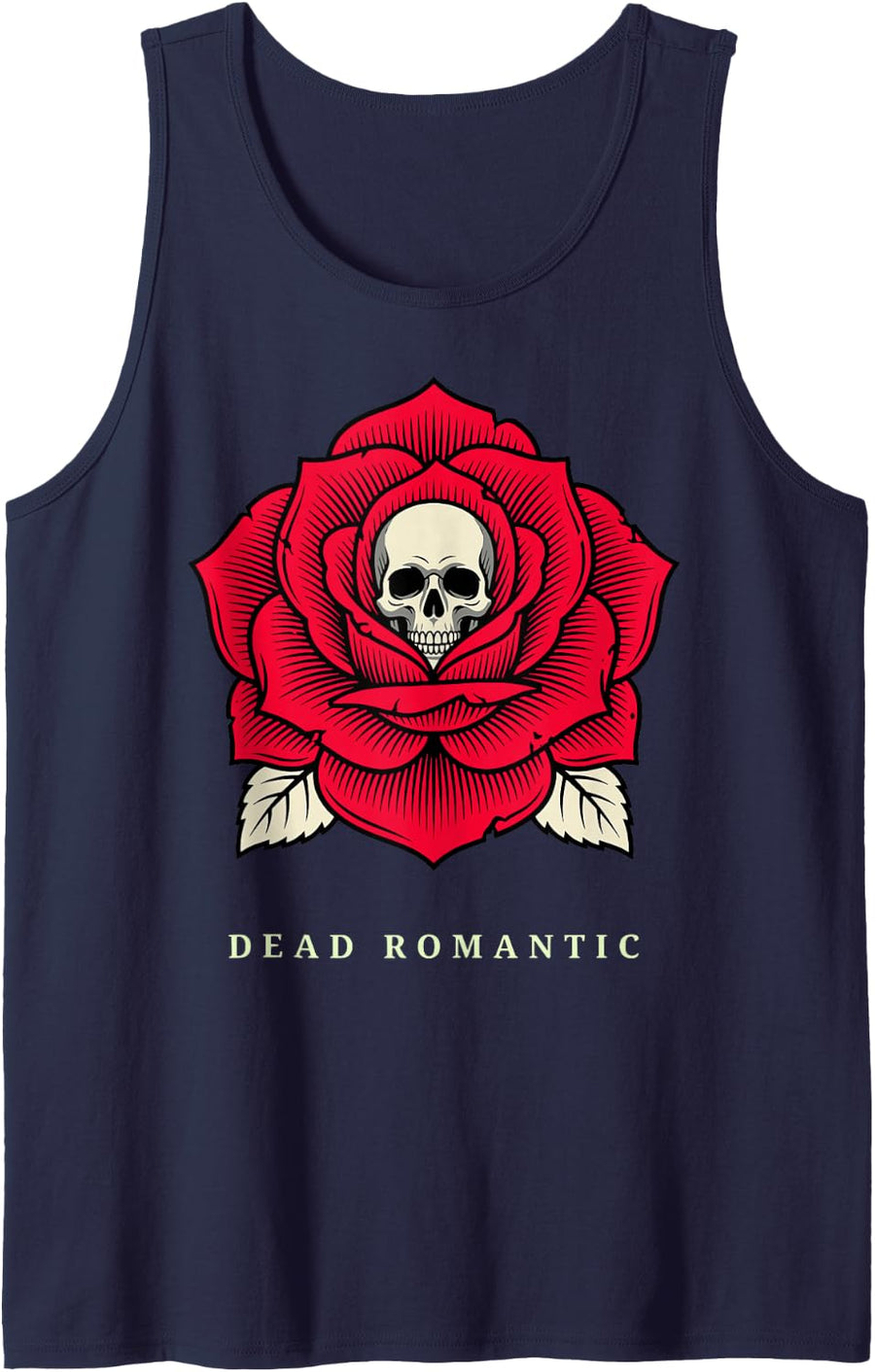 Skull Dead Romantic Rose Funny Gothic Dark Humor Art Sleeveless Tank Top - Navy Blue