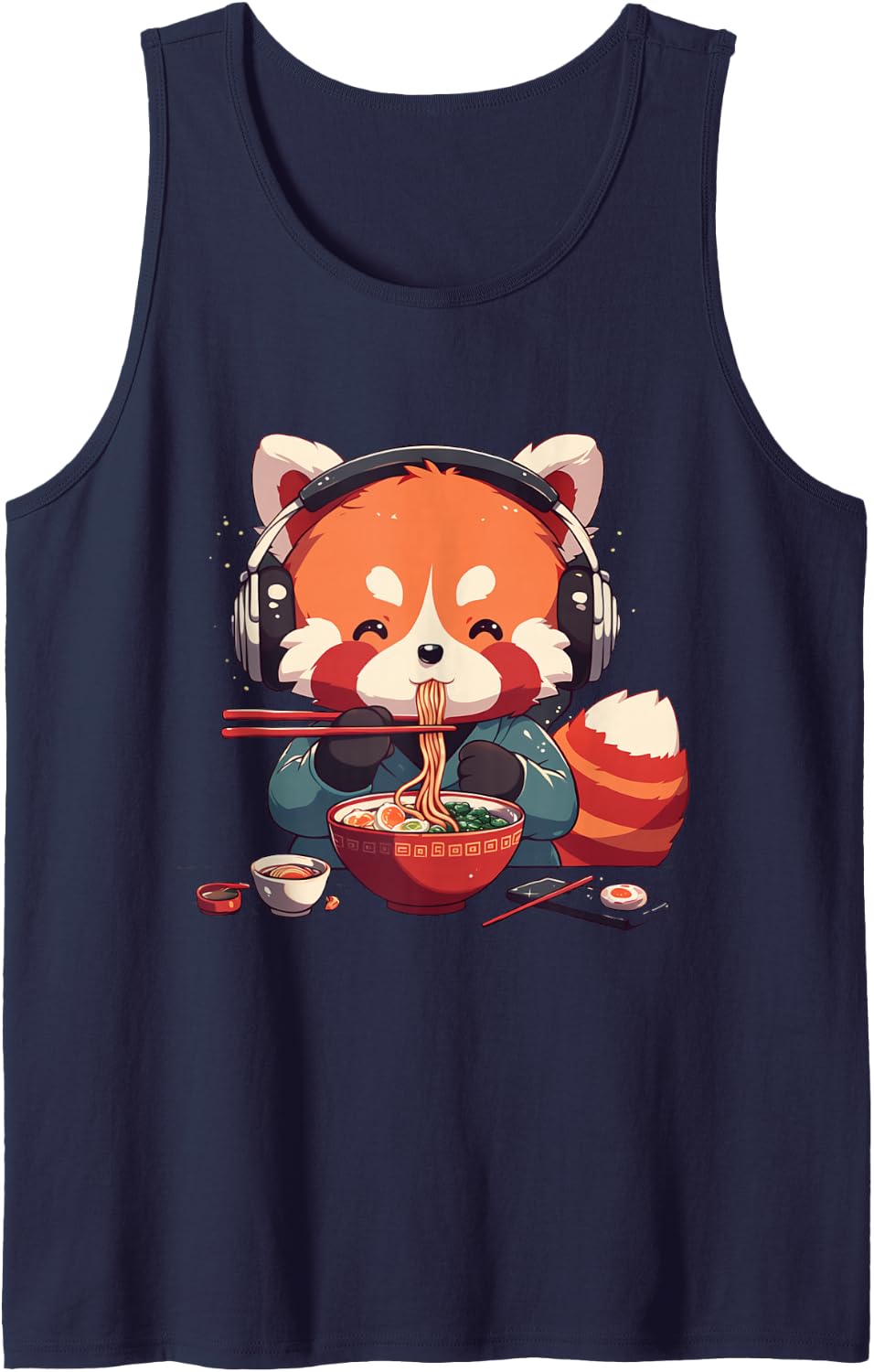 Kawaii Anime Red Panda Eating Ramen Noodles Sleeveless Tank Top - Navy Blue