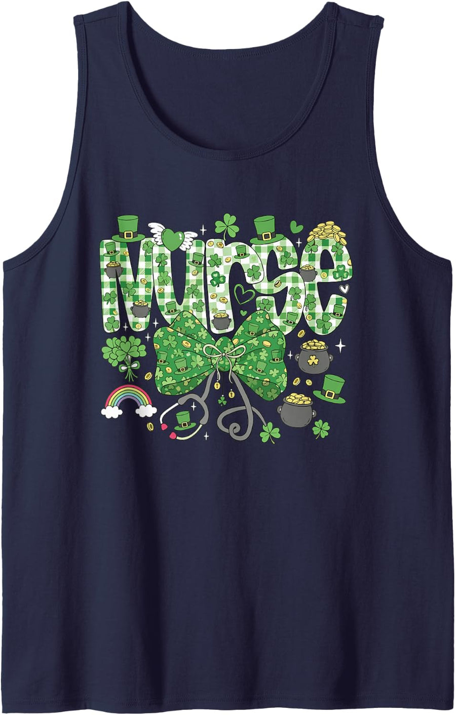 Irish Nurse Stethoscope St Patricks Day Women Shamrock Sleeveless Tank Top - Navy Blue