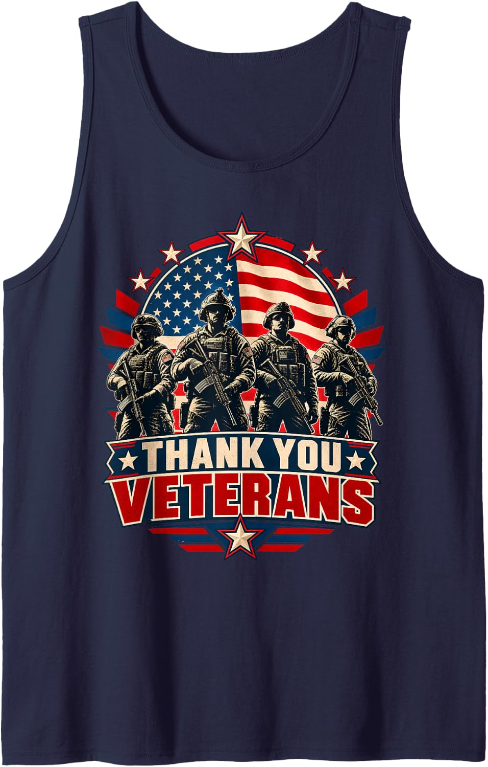Thank You Veterans American Flag Patriotic Appreciation Sleeveless Tank Top - Navy Blue