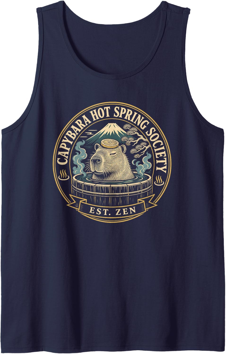 Capybara Hot Spring Society Vintage Onsen Badge Lemon Sleeveless Tank Top - Navy Blue
