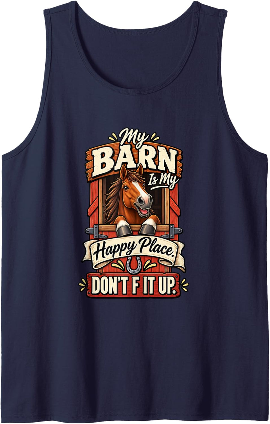 Ranch Horse Lover Happy Place Barn Sleeveless Tank Top - Navy Blue