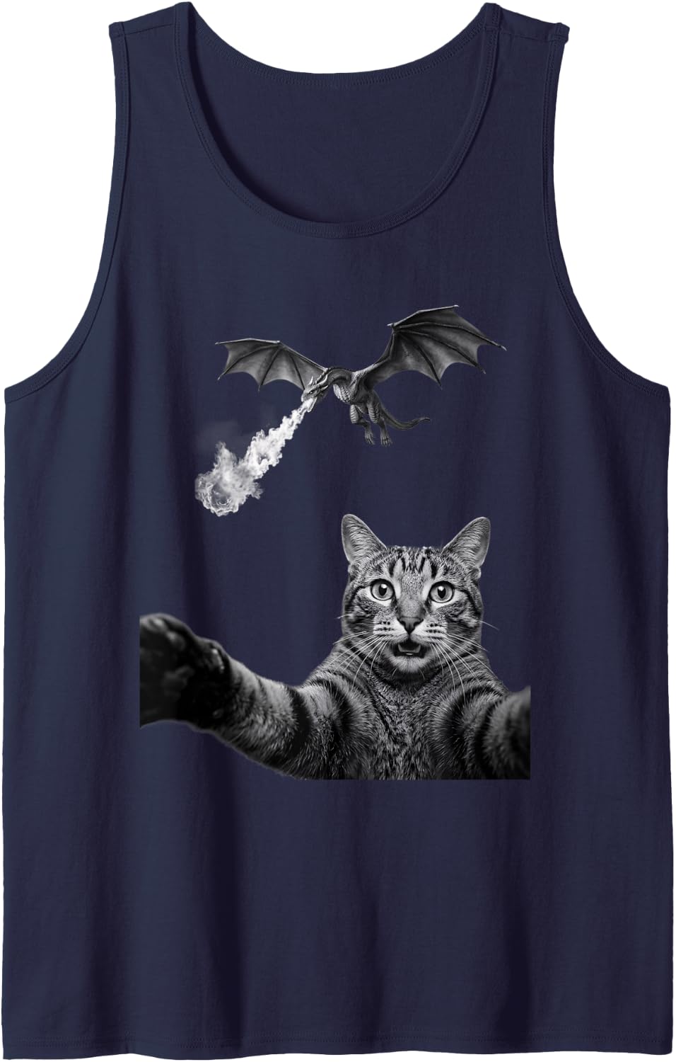 Funny Cat Taking Selfie with Fire Breathing Dragon Meme Sleeveless Tank Top - Navy Blue