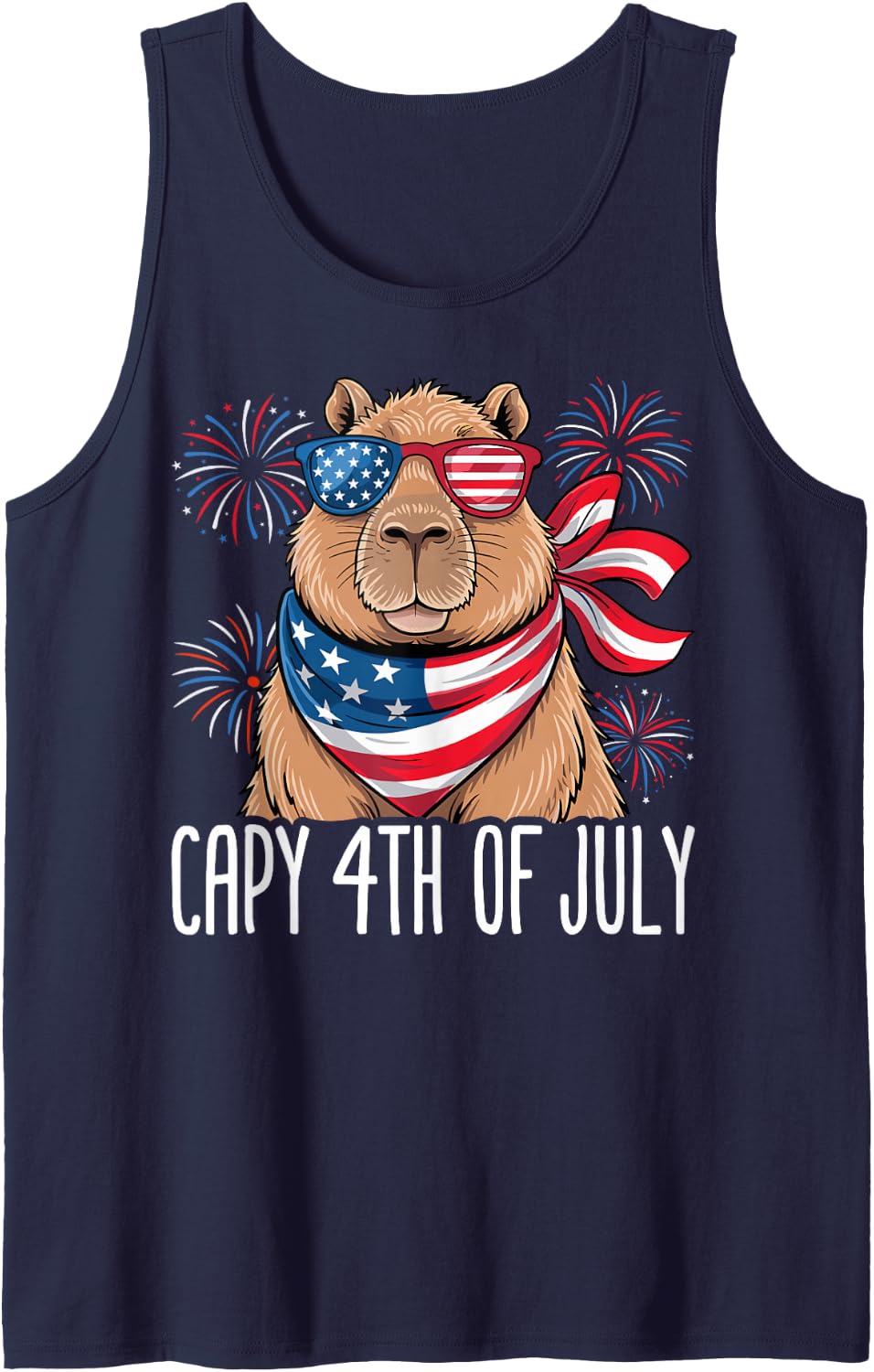 Capy 4th of July Patriotic USA Flag Sunglasses Capybara Sleeveless Tank Top - Navy Blue