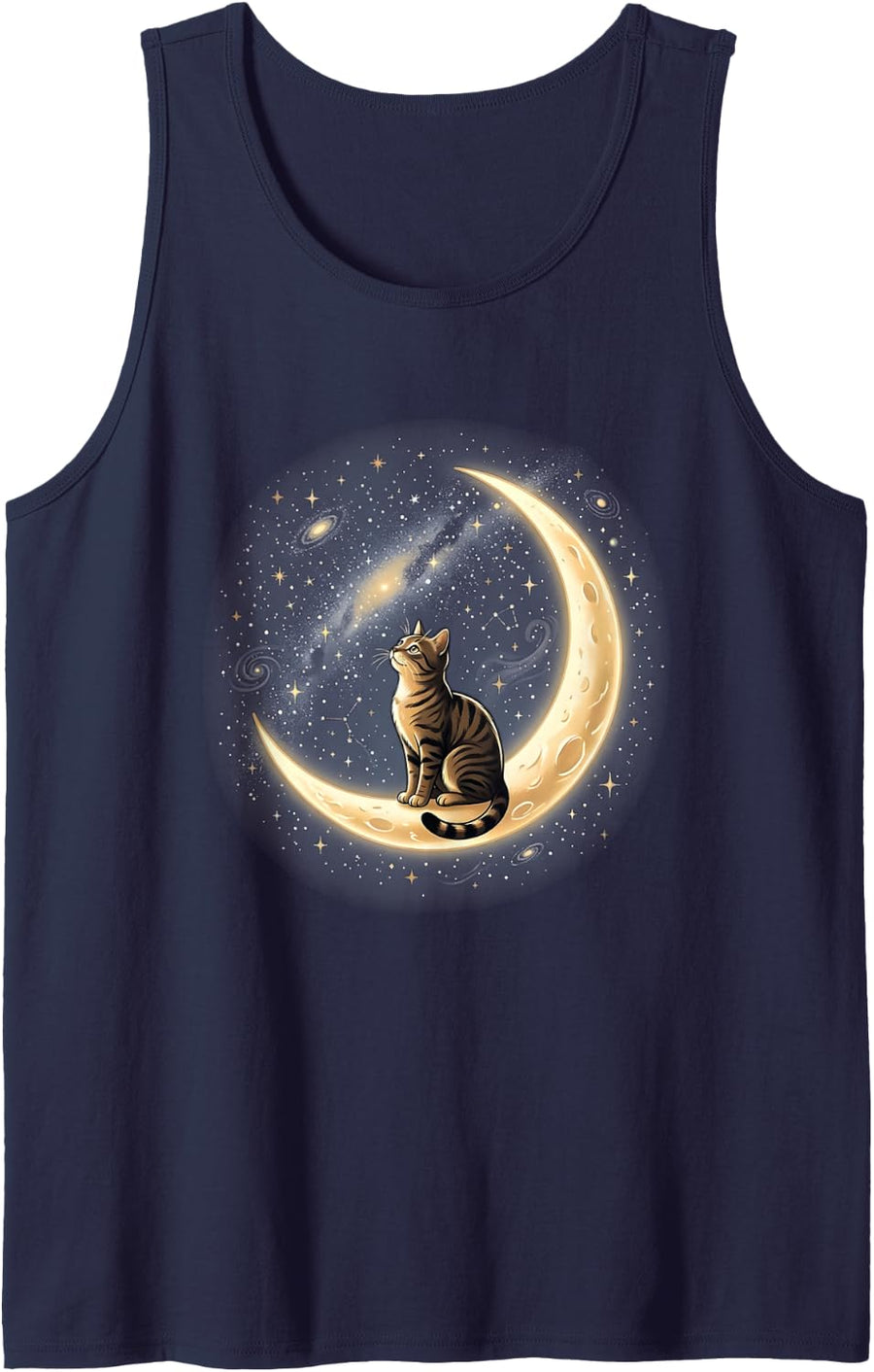 Tabby Cat Sitting on Gilded Crescent Moon Galaxy Stars Tank Top - Navy Blue