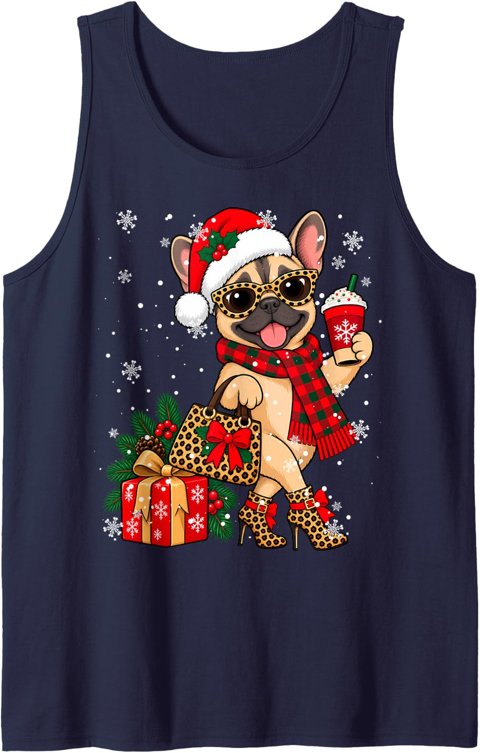 Leopard French Bulldog Drinking Coffee Christmas Women Xmas Sleeveless Tank Top - Navy Blue