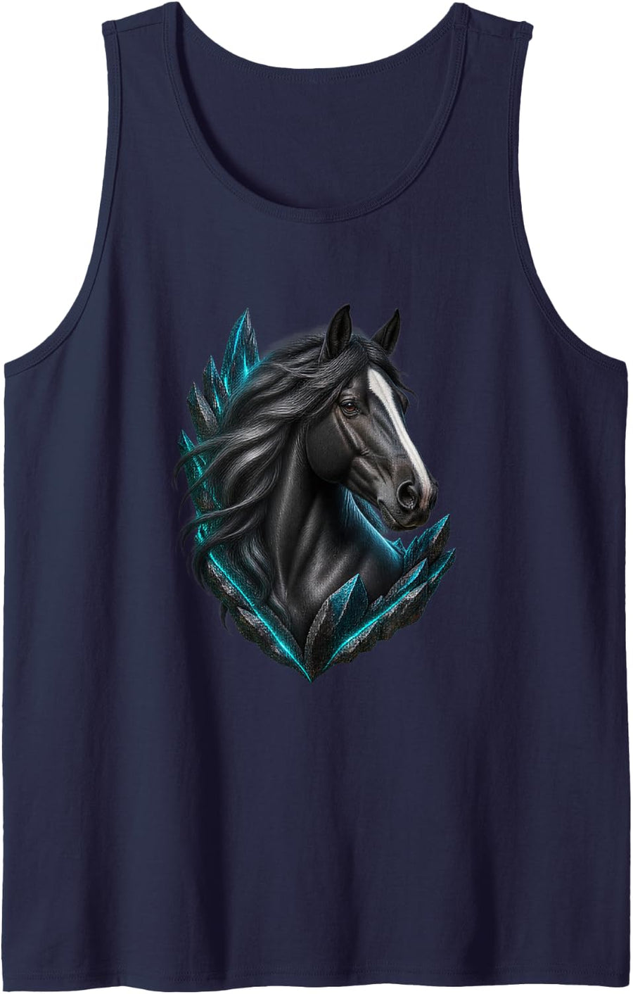 Horse with Flowing Mane and Teal Shards Sleeveless Tank Top - Navy Blue