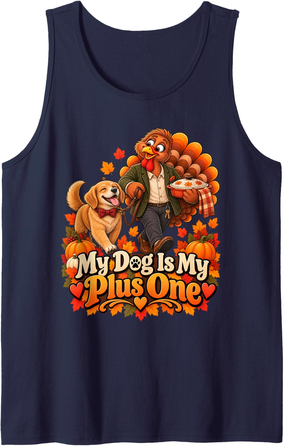 Funny Dog Mom Turkey My Dog is My Plus One Thanksgiving Sleeveless Tank Top - Navy Blue