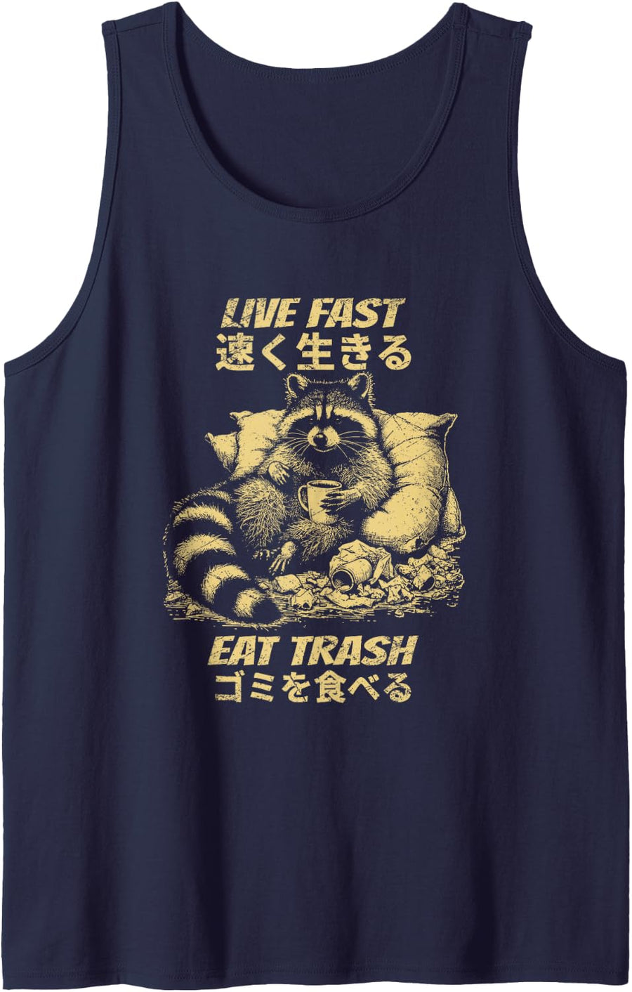 Live Fast Eat Trash Japanese Raccoon Trash Panda Art Sleeveless Tank Top - Navy Blue