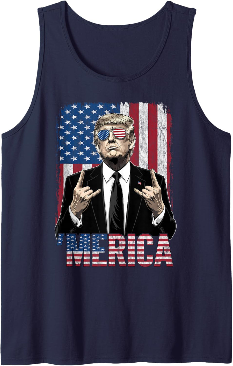 Merica Trump Shirt Funny Trump 4th of July American USA Flag Tank Top - Navy Blue