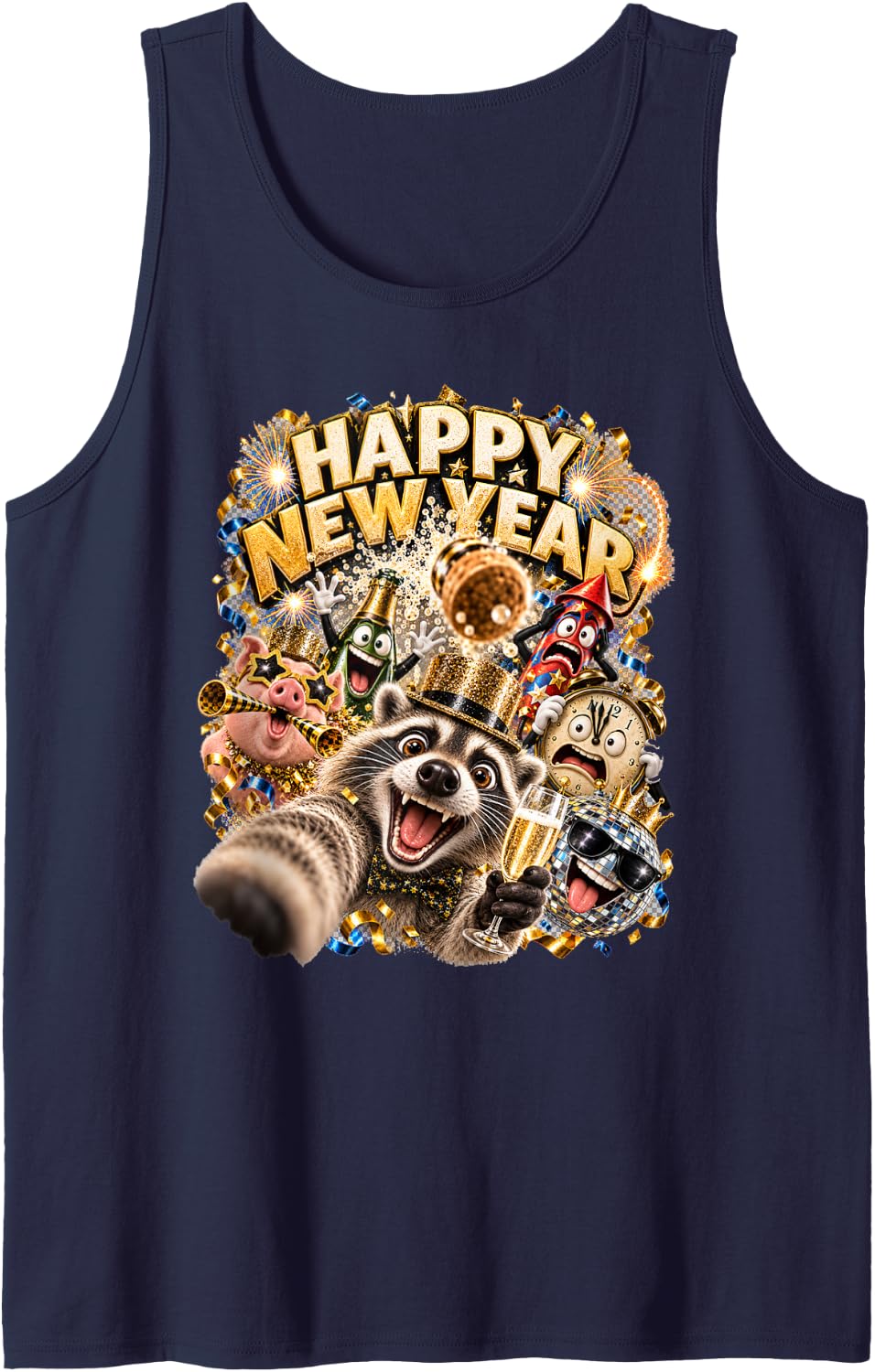 Happy New Year Raccoon Selfie Gold Hat Toast Party Art Sleeveless Tank Top - Navy Blue