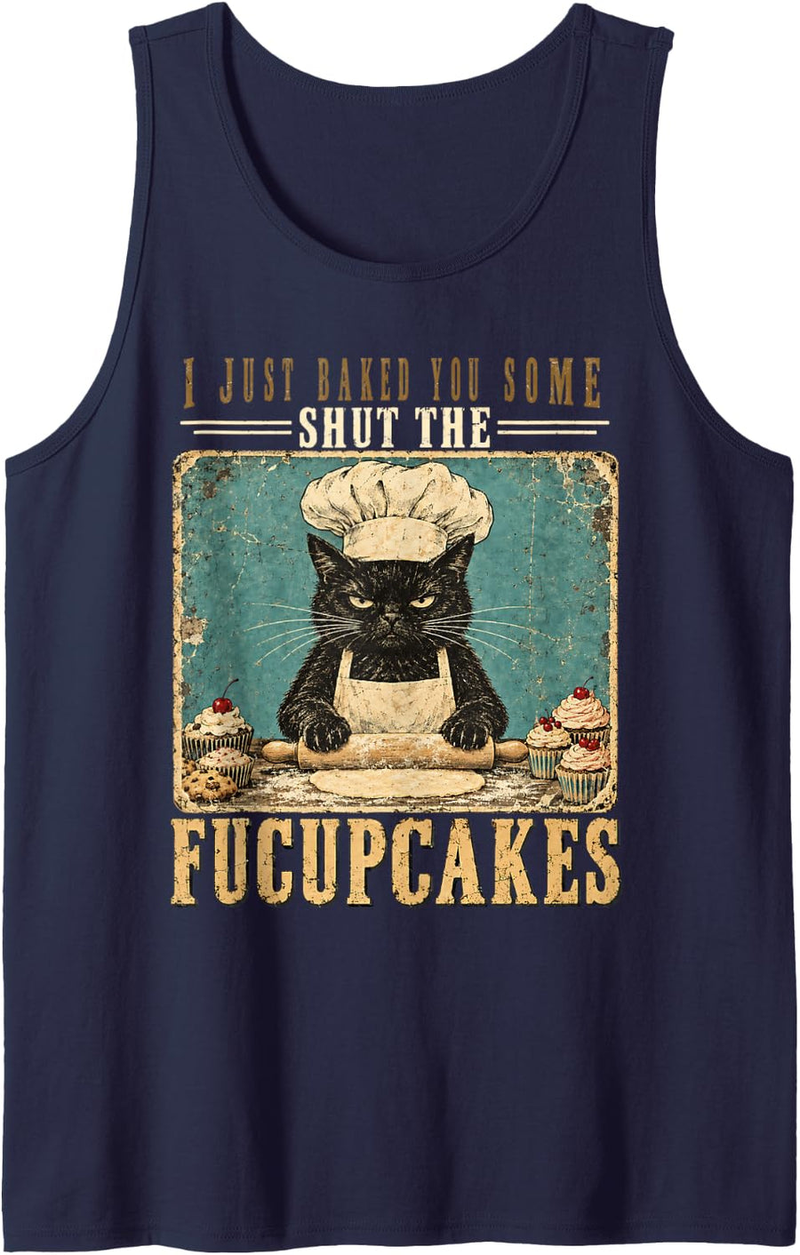 Chef Cat Baking Fucupcakes Funny Baker Adult Humor Meme Sleeveless Tank Top - Navy Blue