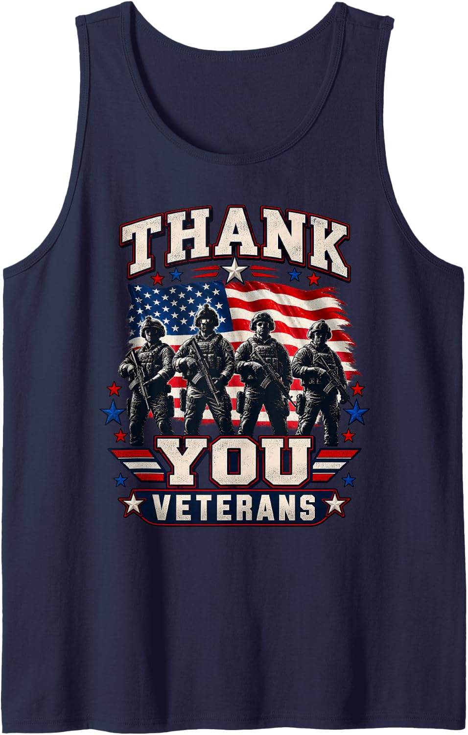 Thank You Veterans American Flag Patriotic Pride Sleeveless Tank Top - Navy Blue